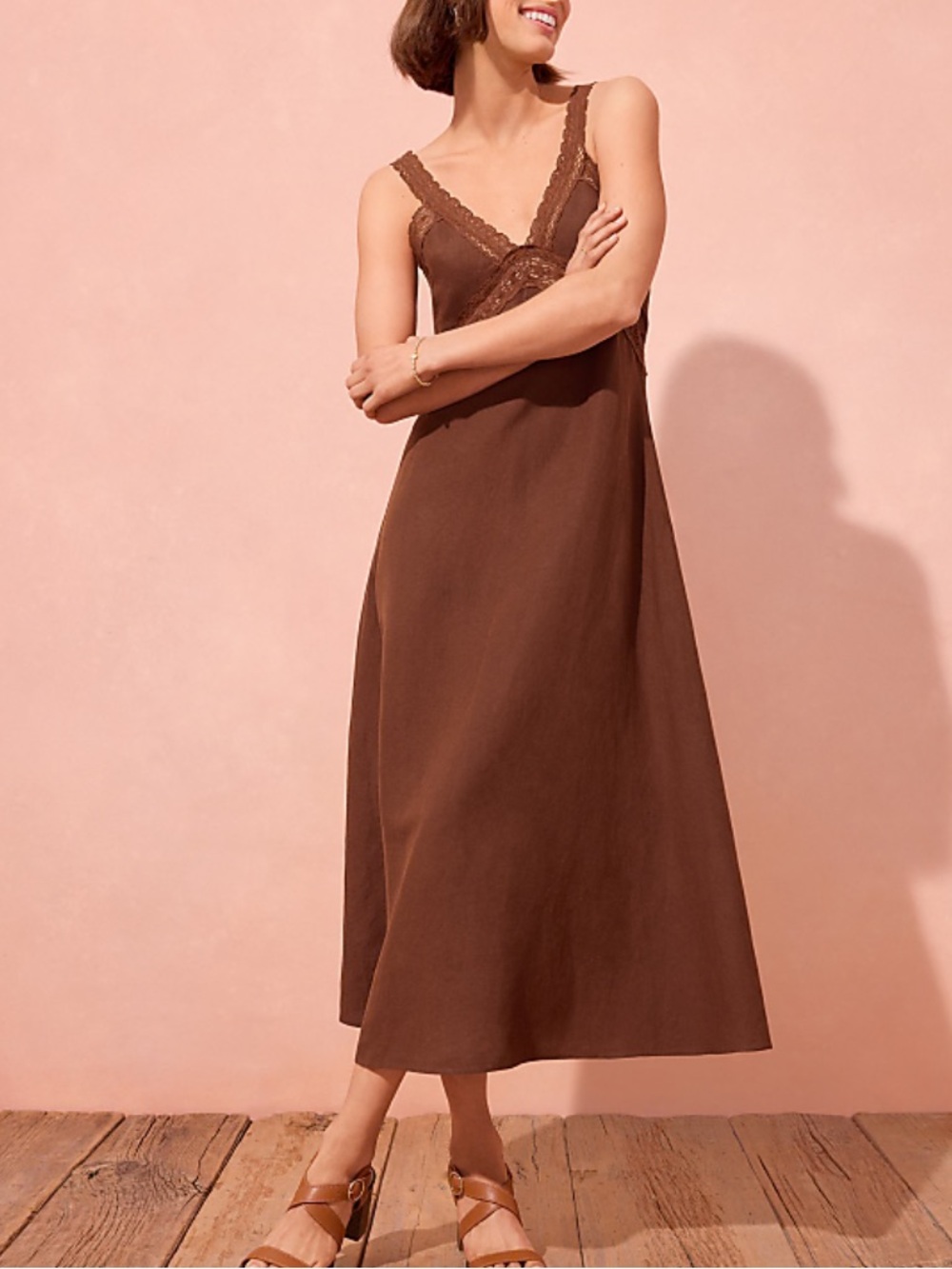 LOFT Linen Blend Lace Trim Sleeveless Chocolate Brown Midi Dress, Size 12, NWT